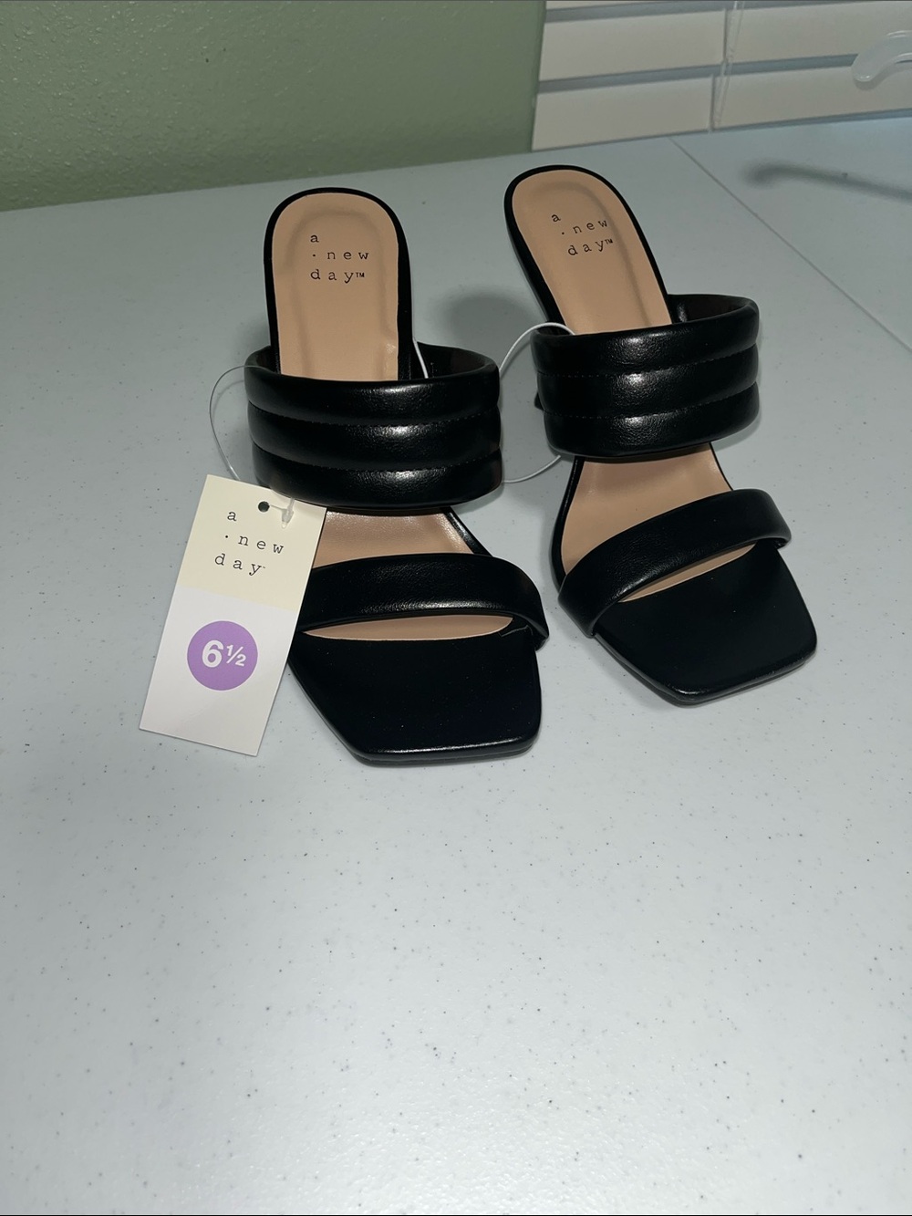 a new day Black Quilted Double-Strap Square-Toe Slide Heels